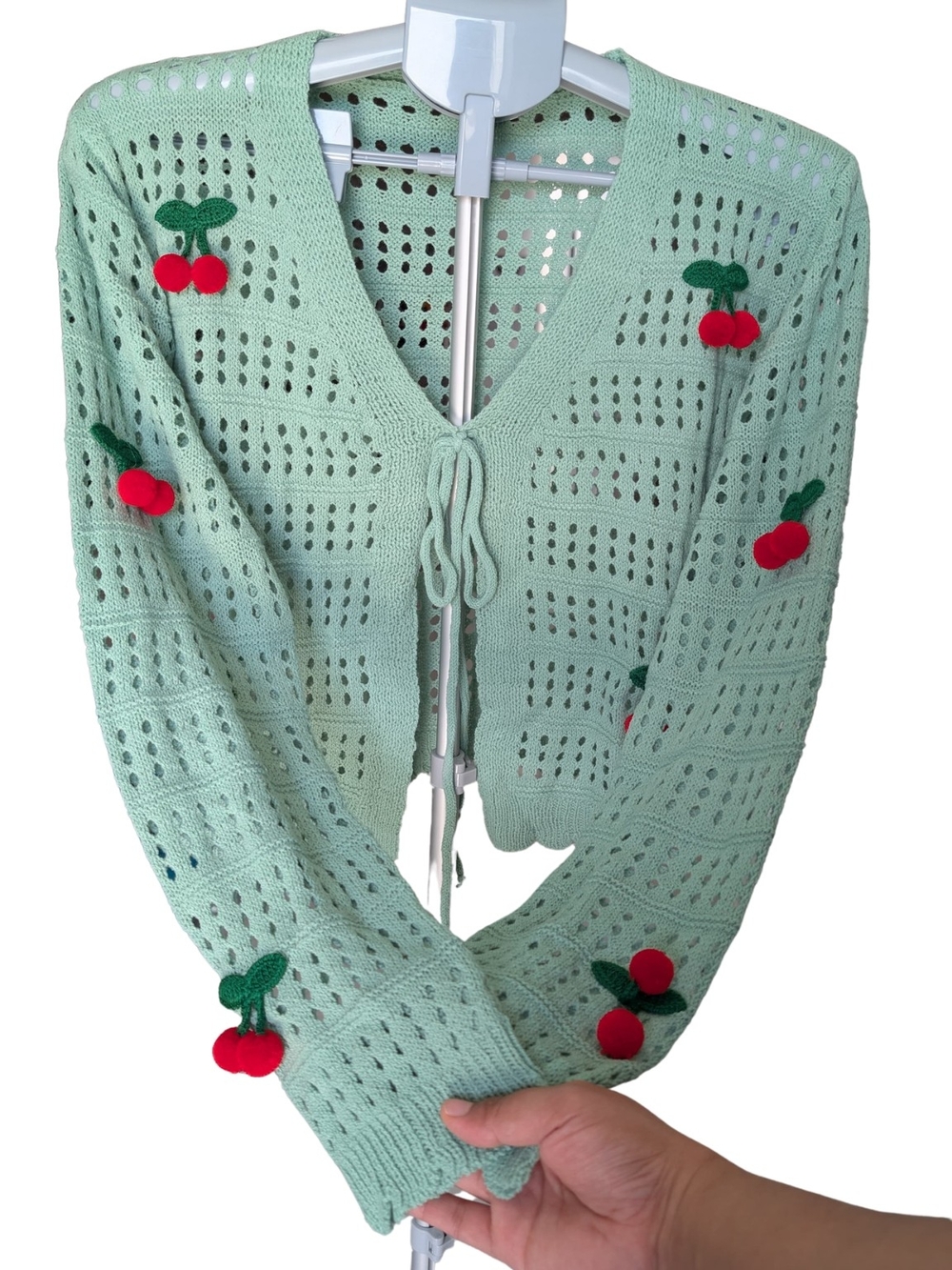Coquette Cherry Knit Cardigan Mint Green Tie Front Cropped Pointelle Sweater - Picture 8 of 11